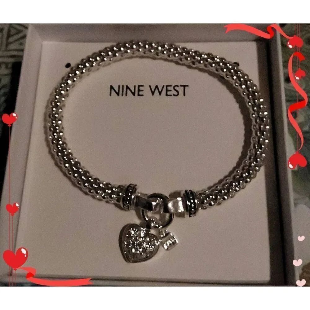 NIB~NINE WEST Silver Popcorn Chain Pave Crystal Heart Charm Bracelet